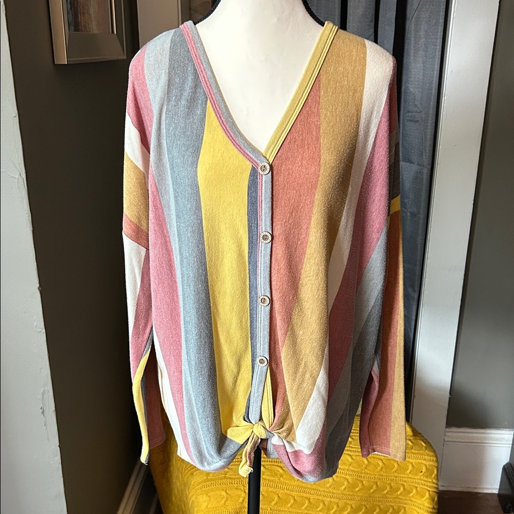 Oversized V-Neck Striped Top in Orange, Yellow, and Gray
